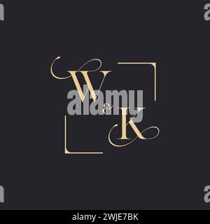 WK simple concept of wedding outline logo and square of initial design gold in white background Stock Vector