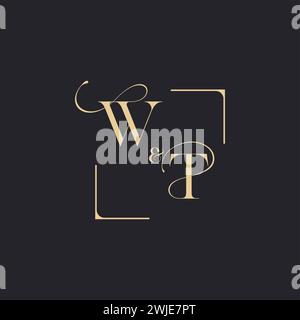 WT simple concept of wedding outline logo and square of initial design gold in white background Stock Vector