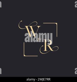 WR simple concept of wedding outline logo and square of initial design gold in white background Stock Vector