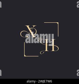 XH simple concept of wedding outline logo and square of initial design gold in white background Stock Vector