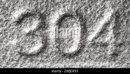 Grained stainless steel numbers 304 or three hundred four on a piece metallic panel. Abstarct numeral background for design. Stock Photo