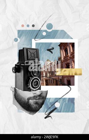 Vertical collage of black white colors cropped guy face vintage photo camera city buildings isolated on painted paper background Stock Photo