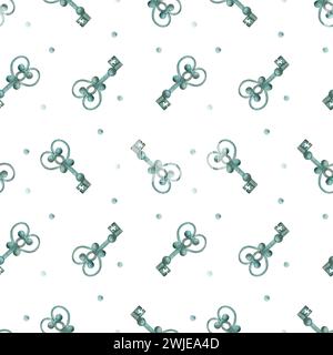 Seamless watercolor pattern in vintage style a old key on a background of blue spots. Birthday, holiday, gift. Illustration template for textile desig Stock Photo