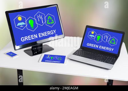 Green energy concept shown on different information technology devices Stock Photo
