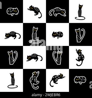 Seamless pattern of stickers of black and white cats on a chess board. Cute childrens drawing for print, wallpaper, fabric. Background for childrens goods, clothing, fabrics. Vector Stock Vector
