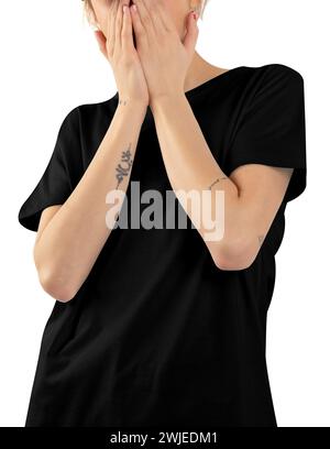 Woman wearing black T-shirt, white background. Mockup, Blank, ready for design. Stock Photo