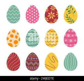 Set of easter eggs flat design on white background. Happy easter decorative elements. Stock Vector