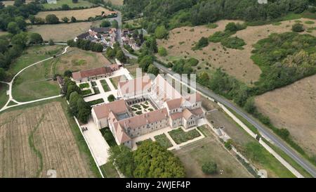 Bruere-Allichamps (central France): aerial view of the Noirlac Abbey, castle registered as a National Historic Landmark (French 'Monument historique”) Stock Photo