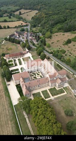 Bruere-Allichamps (central France): aerial view of the Noirlac Abbey, castle registered as a National Historic Landmark (French 'Monument historique”) Stock Photo