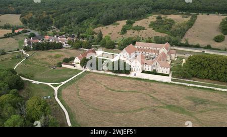 Bruere-Allichamps (central France): aerial view of the Noirlac Abbey, castle registered as a National Historic Landmark (French 'Monument historique”) Stock Photo