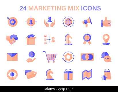 Marketing Mix icon set. Symbols represent strategic components like targeting, global reach, and customer service. Essentials for market planning. Flat vector icons. Stock Vector