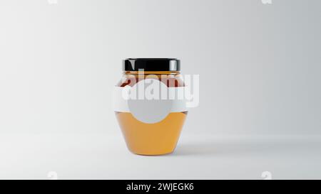 7 Honey in jar mock up isolated on white background with black label. 3D illustrating. Stock Photo