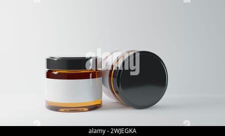 3D realistic render of honey jar mock-up. blank Label. Black lid Stock Photo