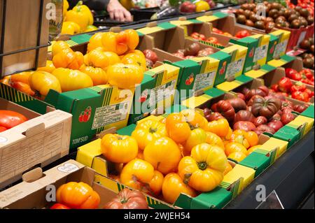 Rouffiac (south-western France): food section of a Leclerc hypermarket. Cardboard box of yellow, red and black tomatoes from local producers in Occita Stock Photo