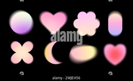 Collection of abstract gradient blurred shapes. Hearts, flower, moon, circle, etc. Contemporary design elements Stock Vector
