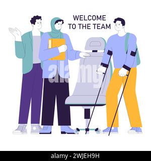 Social equity. Civil society teamwork, equal opportunities diversity and inclusion. CSR, tolerance in candidates employment, inclusive team building. Flat vector illustration. Stock Vector