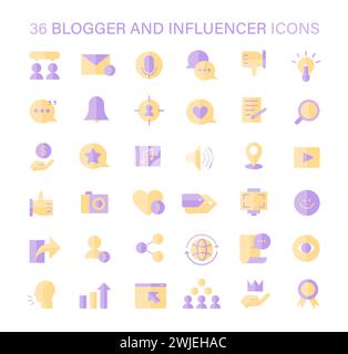 Blogger and Influencer icons set. Versatile icons for content creation, audience engagement, and personal branding. Digital marketing and social media presence tools. Flat vector illustration. Stock Vector