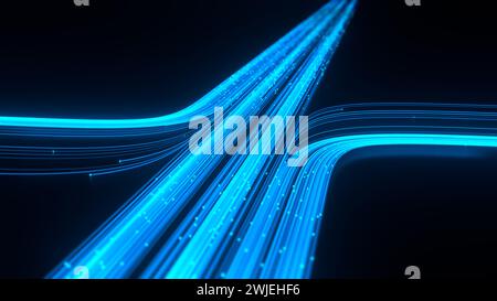 Big data communication and AI technology concept. Illustration of high-speed internet connectivity, optical fibers, digital signals, neural network, a Stock Photo
