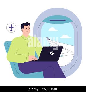 People in the airport. Traveling character working on a laptop during a flight. Business journey, workation trip. Passenger waiting for a takeoff. Travel and tourism. Flat vector illustration Stock Vector
