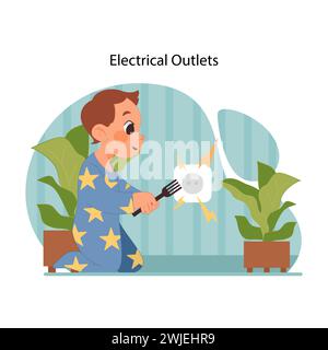 Electrical safety warning. Oblivious curious toddler in pajamas reaching to insert fork into outlet. Need for outlet covers. Preventing child injuries and accidents. Flat vector illustration Stock Vector