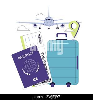 Traveling by plane. Passport, boarding pass, and luggage prepared for an upcoming flight, with a plane and location marker. International tourism, airport experience. Flat vector illustration. Stock Vector