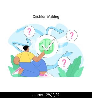 Decision making concept. Contemplative person navigating choices symbolized by arrows and question marks. Journey to right decision. Different methods to choose correct option. Flat vector Stock Vector