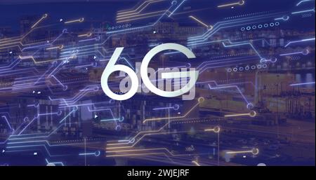 Image of 6g text, cityscape and connections Stock Photo