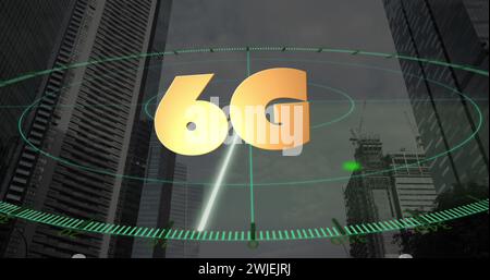 Image of 6g text and computer data processing over cityscape Stock Photo