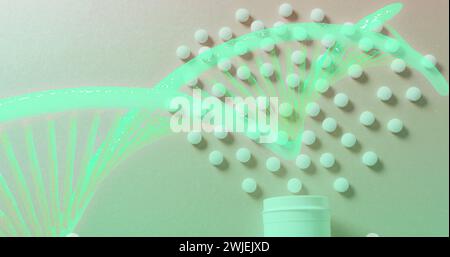 Image of dna strand over pills Stock Photo