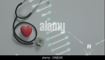 Image of chemical structures and dna strand over stethoscope with heart Stock Photo