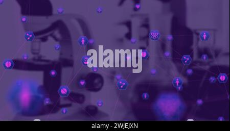Image of digital interface with icons over out of focus laboratory Stock Photo