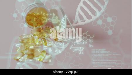 Image of dna strand and data processing over pills Stock Photo
