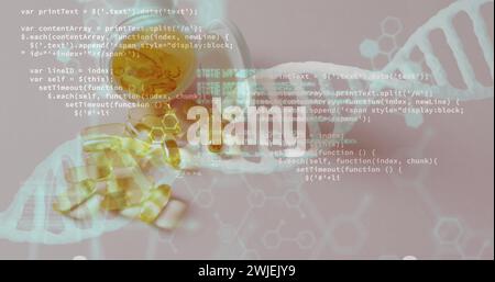 Image of dna strand and data processing over pills Stock Photo