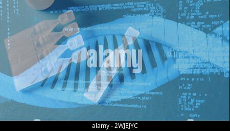 Image of dna strand and data processing over samples Stock Photo