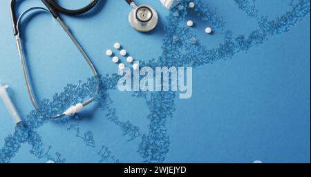 Image of dna strand over pills and stethoscope Stock Photo