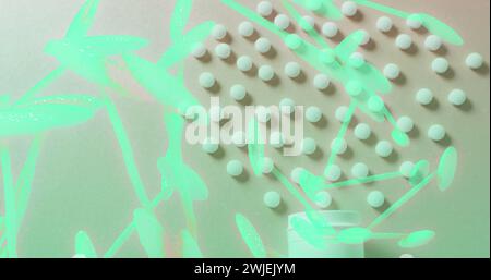 Image of dna strand over pills Stock Photo
