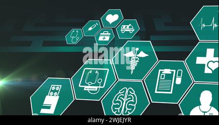 Image of medical icons over digital maze Stock Photo