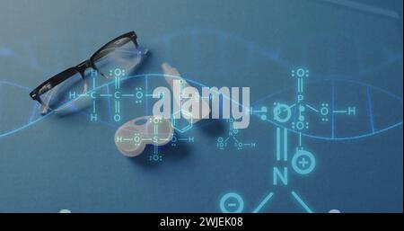 Image of chemical structures and dna strand over glasses and contacts Stock Photo