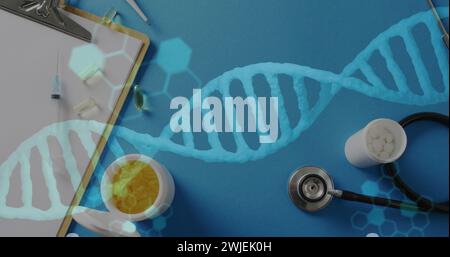 Image of dna strand and data processing over pills and stethoscope Stock Photo
