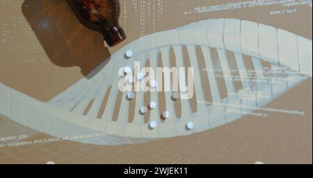 Image of dna strand and data processing over pills Stock Photo
