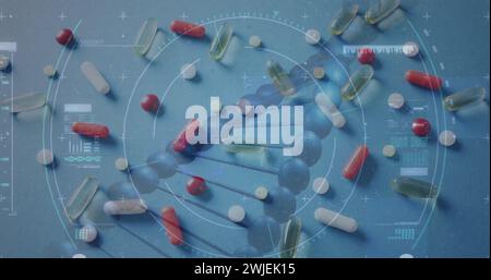 Image of data processing and dna strand over pills Stock Photo