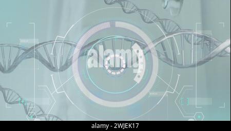 Image of dna strands and scope scanning over hand with stethoscope Stock Photo