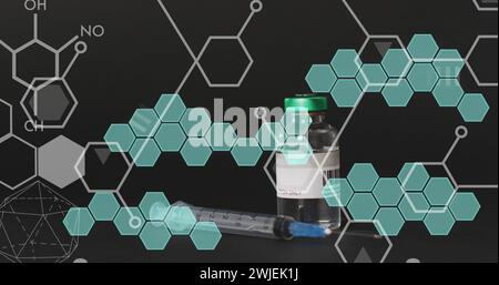 Image of chemical structures and formulas over vial Stock Photo