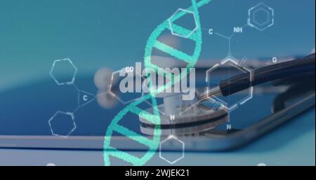 Image of chemical structures and dna strand over stethoscope and tablet Stock Photo