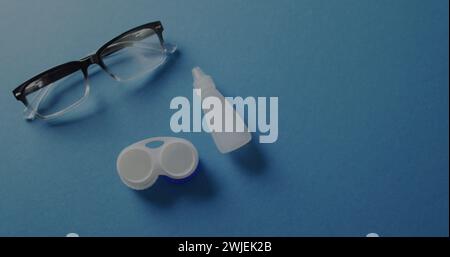 Image of chemical structures and dna strand over glasses and contacts Stock Photo