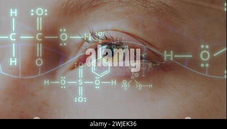 Image of chemical structures and dna strand over eye Stock Photo