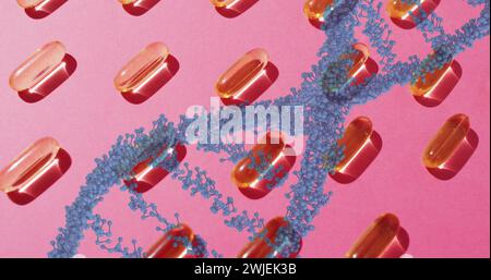 Image of dna strand over pills Stock Photo