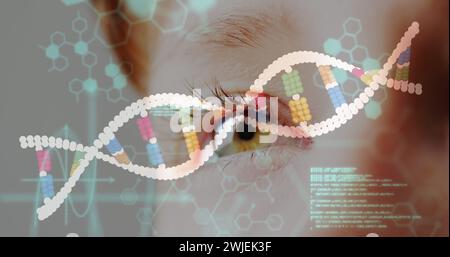 Image of dna strand and data processing over eye Stock Photo