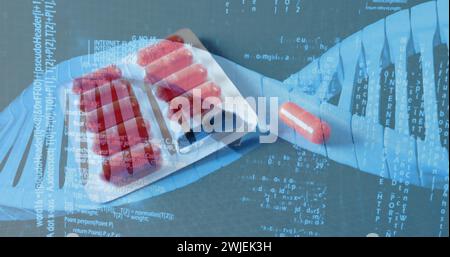 Image of dna strand and data processing over pills Stock Photo