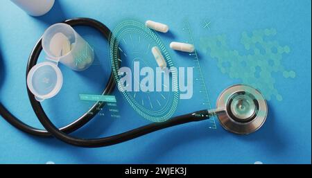 Image of data processing and scope scanning over pills and stethoscope Stock Photo